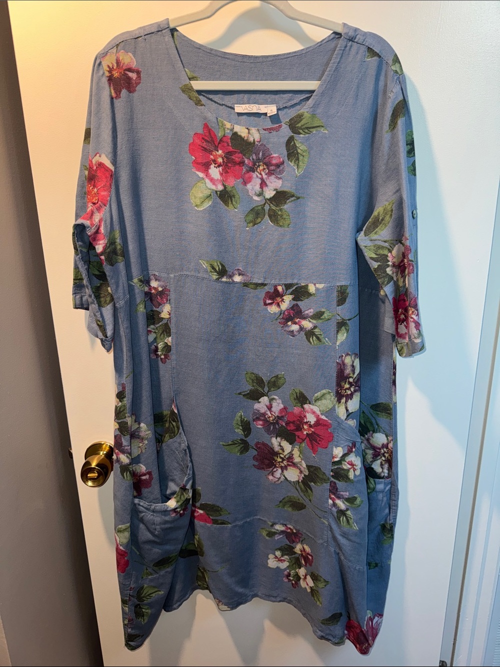 Relaxed Floral Linen Tunic Dress - Light Blue with Pink Bloom